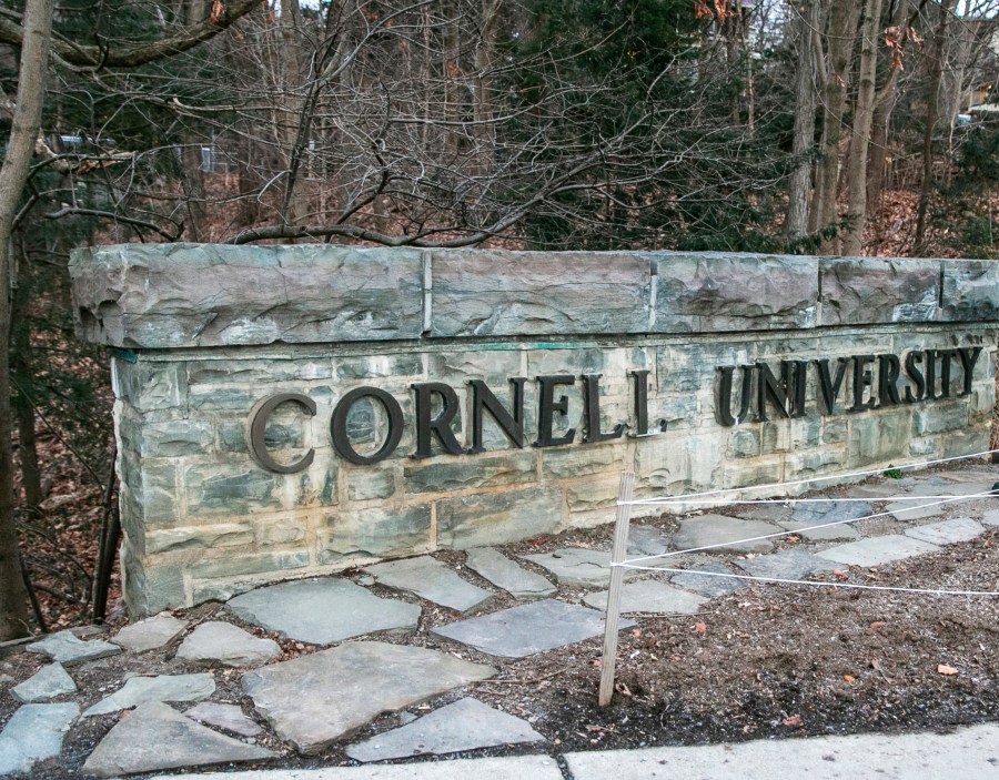 FILE - A Cornell University sign is seen on the Ivy League school's campus, Jan. 14, 2022, in Ithaca, N.Y. Patrick Dai, a former Cornell University student arrested for posting violently threatening statements against Jewish people on campus last fall after the start of the war in Gaza was sentenced to 21 months in prison Monday, Aug. 12, 2024. (AP Photo/Ted Shaffrey, File)