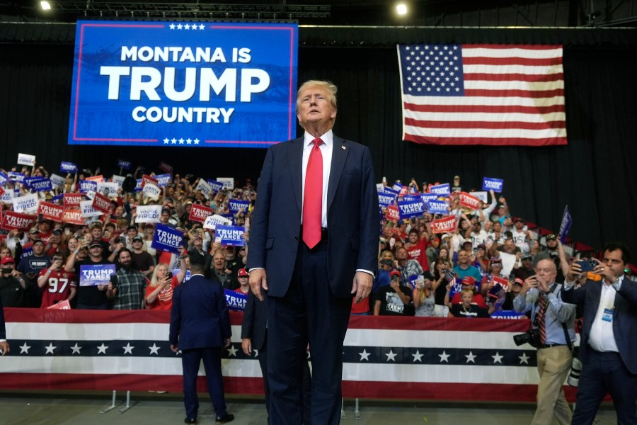 Republican presidential nominee former President Donald Trump arrives for a campaign rally in Bozeman, Mont., Friday, Aug. 9, 2024. (AP Photo/Rick Bowmer)