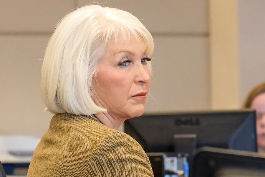 FILE - Tina Peters, former Mesa County, Colo., clerk, listens during her trial, March 3, 2023, in Grand Junction, Colo. (Scott Crabtree/The Grand Junction Daily Sentinel via AP, Pool, File)