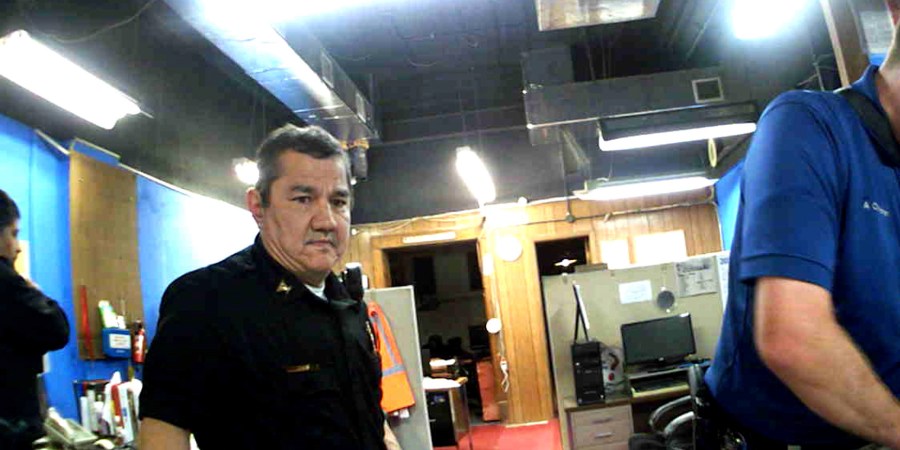 FILE - This image from Marion, Kan., Police Department body camera video provided by the McDonald Tinker law firm shows former Marion Police Chief Gideon Cody during his department's raid of the Marion County Record newspaper on Aug. 11, 2023, in Marion, Kan. (McDonald Tinker via AP)