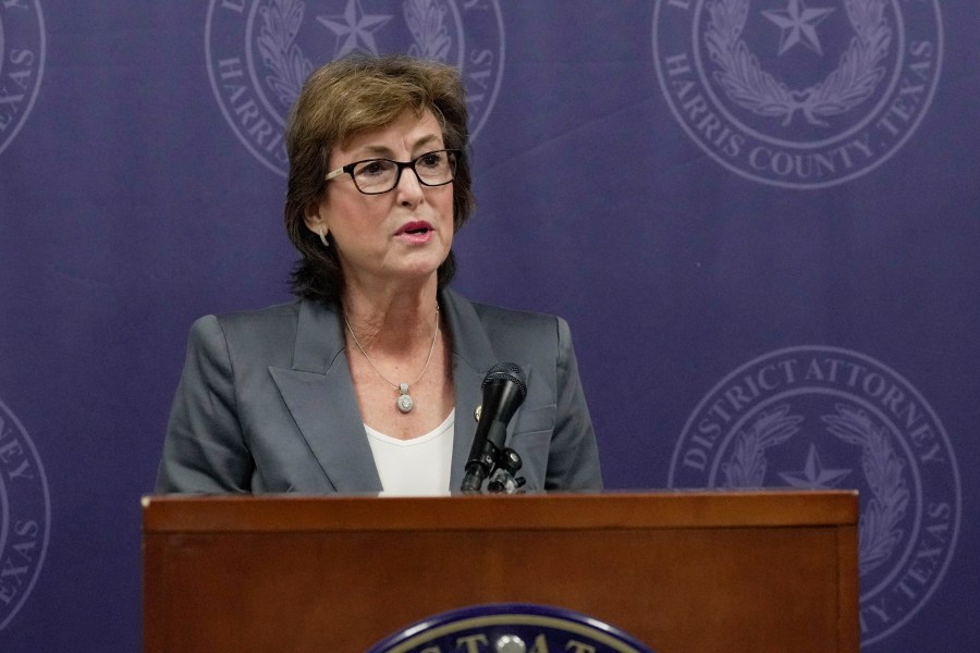 Harris County District Attorney Kim Ogg announces corruption charges related to 2022 Election during a press conference on Tuesday, Aug. 13, 2024, in Houston. Prosecutors say an investigation found no evidence of intent to influence 2022 election outcomes, but Ogg said that her office will pursue criminal charges against a county employee who was allegedly working a second job while polls ran out of paper ballots. (Raquel Natalicchio/Houston Chronicle via AP)