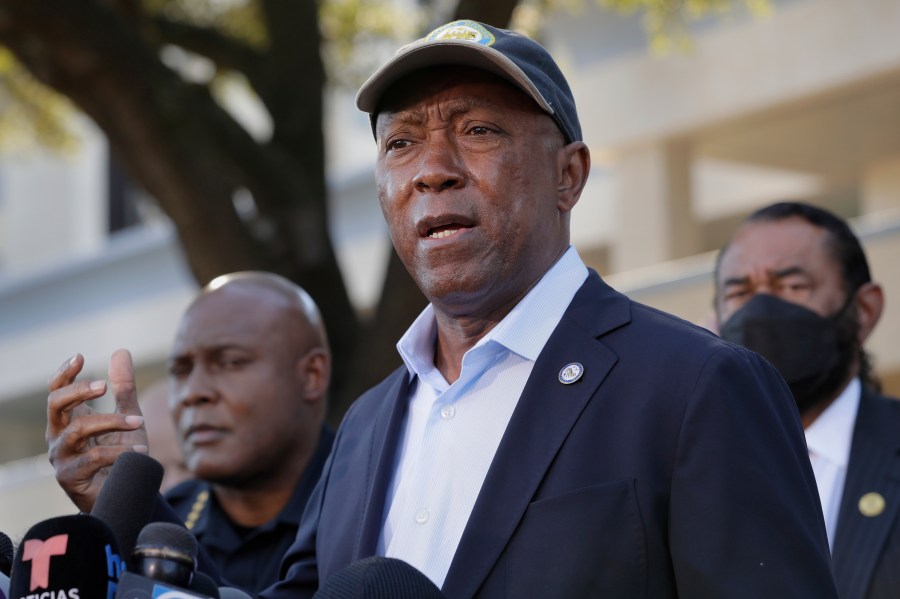 FILE - Houston Mayor Sylvester Turner speaks during a news conference Nov, 6, 2021, in Houston. Former Houston Mayor Turner was picked Tuesday, Aug. 13, 2024, as the Democrats’ nominee to succeed the late U.S. Rep. Sheila Jackson Lee. (AP Photo/Michael Wyke, File)