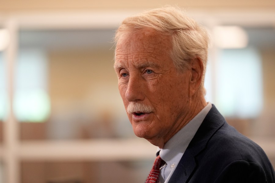 FILE - Sen. Angus King, I-Maine, speaks to reporters on Wednesday, May 29, 2024, in Augusta, Maine. (AP Photo/Robert F. Bukaty)