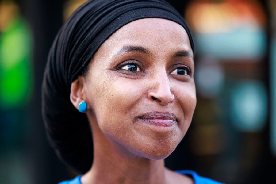 Rep. Ilhan Omar looks on during a campaign stop in Minneapolis, Tuesday, Aug. 13, 2024. (Kerem Yücel/Minnesota Public Radio via AP)