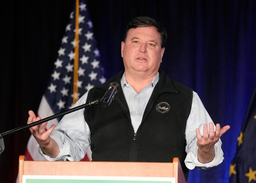 FILE - Indiana Attorney General Todd Rokita speaks during a news conference in Schererville, Ind., on Nov. 8, 2022. (AP Photo/Darron Cummings, File)