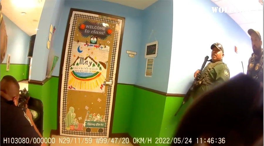 This image provided by the city of Uvalde, Texas shows police body camera video of authorities responding to the shooting at Robb Elementary School in Uvalde, Texas, on May 24, 2022. (City of Uvalde via AP)