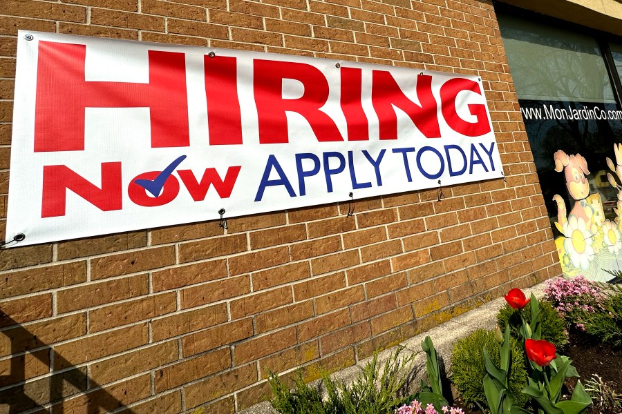 File - A hiring sign is displayed in Riverwoods, Ill., on April 16, 2024. (AP Photo/Nam Y. Huh, File)