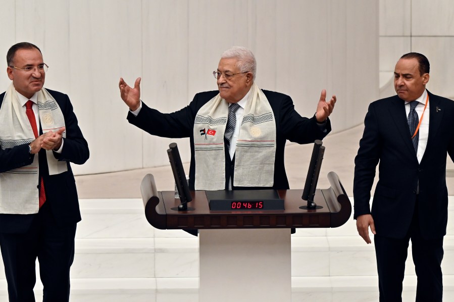 Palestinian President Mahmoud Abbas, addresses a speech during an extraordinary Parliamentary Meeting on Palestinians, at the Turkish Parliament in Ankara, Turkey, Thursday, Aug. 15, 2024. (AP Photo/Ali Unal)