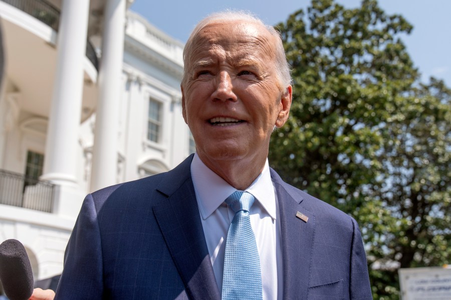 President Joe Biden speaks with the press as he prepares to board Marine One on the South Lawn of the White House, Thursday, Aug. 15, 2024, in Washington, for a short trip to Prince George's County, Md. (AP Photo/Mark Schiefelbein)