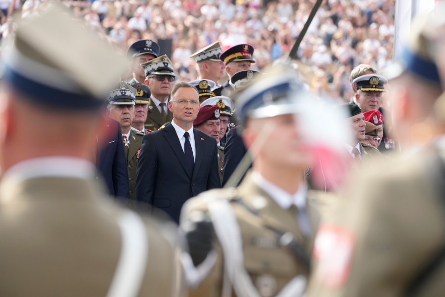 Poland's President Andrzej Duda speaks during theannual observances on Poland's armed forces day, in Warsaw, Poland, on Thursday, Aug. 15, 2024.(AP Photo/Czarek Sokolowski)