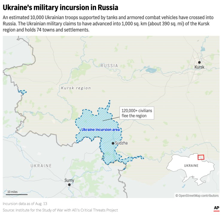 The map above shows where Ukrainian military forces are operating inside Russia’s Kursk region as of Aug. 11, 2024. (AP Digital Embed)