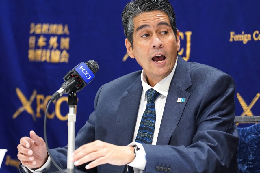 FILE - Palau's President Surangel Whipps Jr. speaks during a press conference at the Foreign Correspondents' Club of Japan (FCCJ), June 15, 2023, in Tokyo. (AP Photo/Eugene Hoshiko, File)