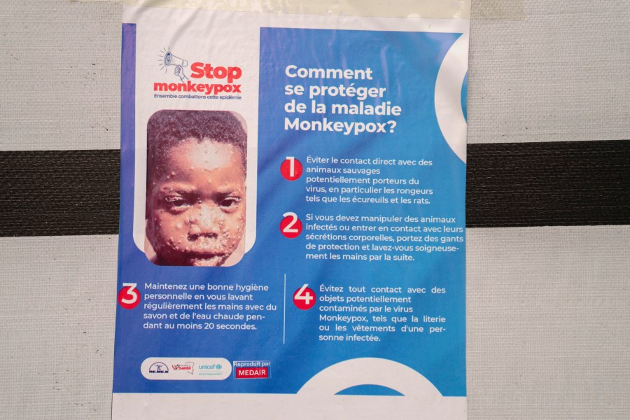 A poster bringing attention to the mpox outbreak hangs at the Goma General Hospital, Democratic Republic of the Congo, Tuesday, July 16, 2024. (AP Photo/Moses Sawasawa)