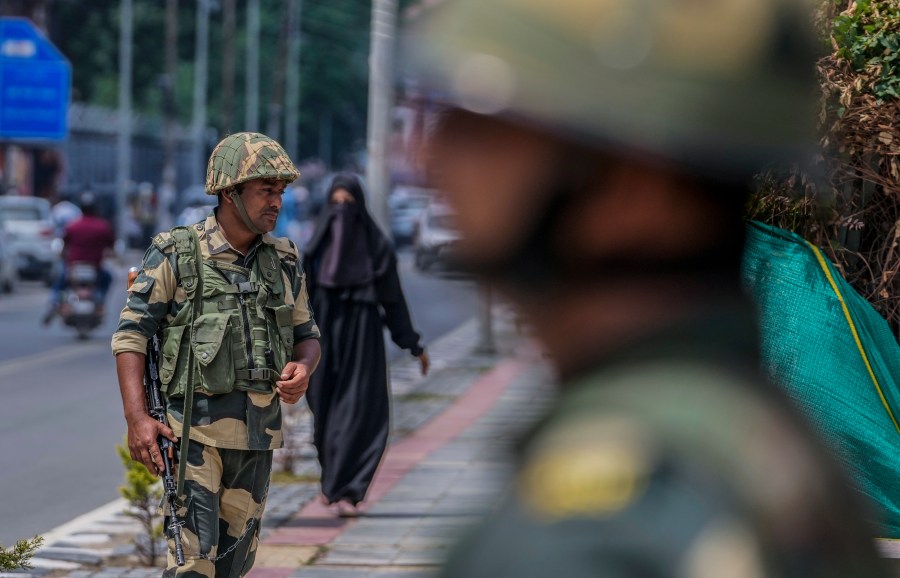 Indian soldiers guard in Srinagar, Indian controlled Kashmir, Friday, Aug.16, 2024. (AP Photo/Mukhtar Khan)