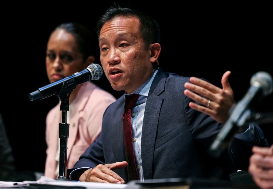 FILE - San Francisco City Attorney David Chiu speaks at a public safety town hall meeting in San Francisco on Sept. 18, 2023. (Gabrielle Lurie/San Francisco Chronicle via AP, File)