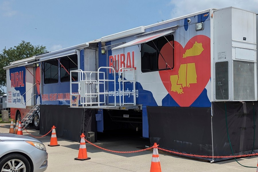 A medical trailer, being used to test rural residents' heart and lung function as part of a study to determine why the rates of heart and lung disease are so much higher in the rural South, is seen, May 8, 2024, in Napoleonville, La. (Sean Coady/National Heart, Lung, and Blood Institute via AP)