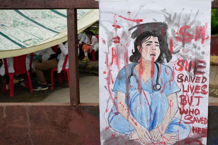 Junior doctors at the Government Swaroop Rani Nehru Hospital protest against the rape and killing of a medic in Kolkata last week, in Prayagraj, Uttar Pradesh, India, Saturday, Aug. 17, 2024.(AP Photo/Rajesh Kumar Singh)