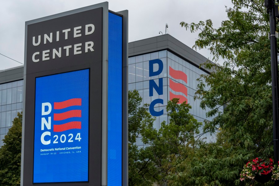 Work continues at the United Center before the upcoming Democratic National Convention, Thursday, Aug. 15, 2024, in Chicago. (AP Photo/Alex Brandon)