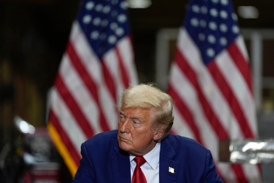 Republican presidential nominee former President Donald Trump listens at a business roundtable discussion at a campaign event at Precision Components Group, Monday, Aug. 19, 2024, in York, Pa. (AP Photo/Julia Nikhinson)