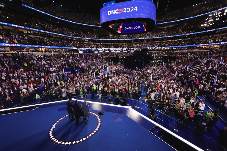 Rev. Al Sharpton and Rev. Jesse Jackson attend Day One of the Democratic National Convention, at the United Center, Monday, Aug. 19, 2024 in Chicago. (Mike Segar/Pool via AP)