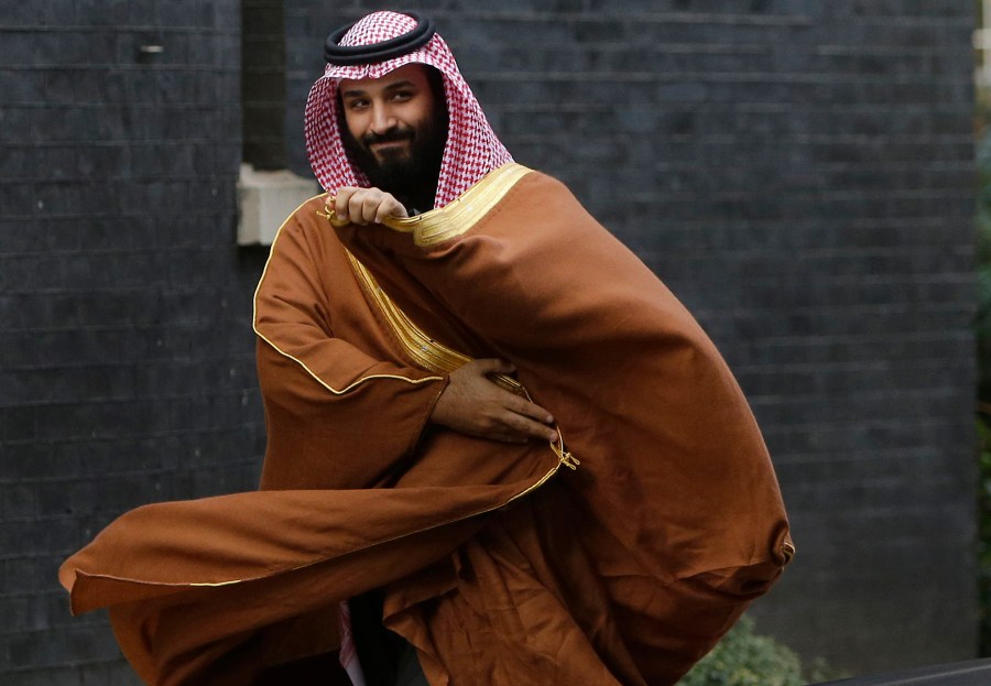 FILE - Saudi Crown Prince Mohammed bin Salman arrives to meet then-Prime Minister Theresa May outside 10 Downing Street in London, on March 7, 2018. (AP Photo/Alastair Grant, File)