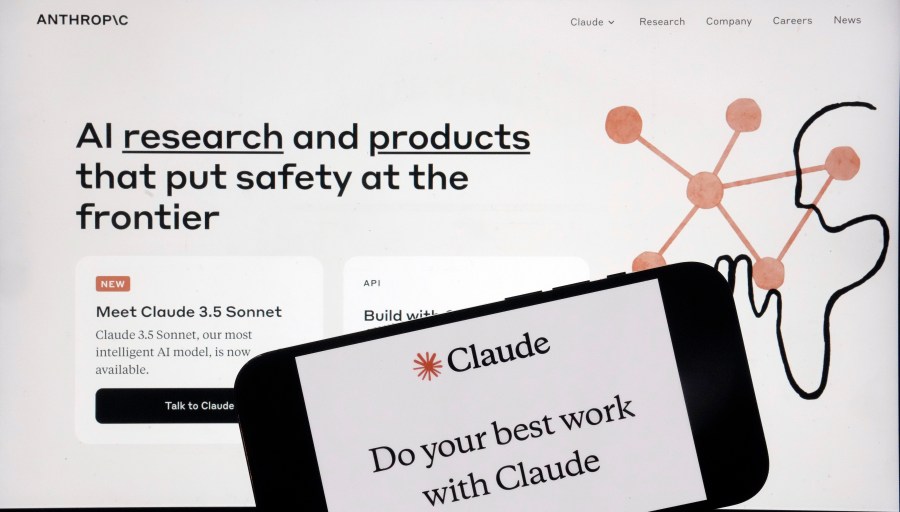 FILE - The Anthropic website and mobile phone app are shown in this photo, in New York, July 5, 2024. (AP Photo/Richard Drew, File)