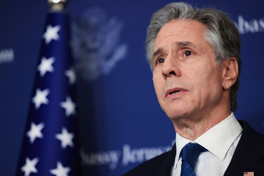 U.S. Secretary of State Antony Blinken speaks to media at the David Kempinski Hotel in Tel Aviv, Israel, Monday, Aug. 19, 2024. (Kevin Mohatt/Pool Photo via AP)