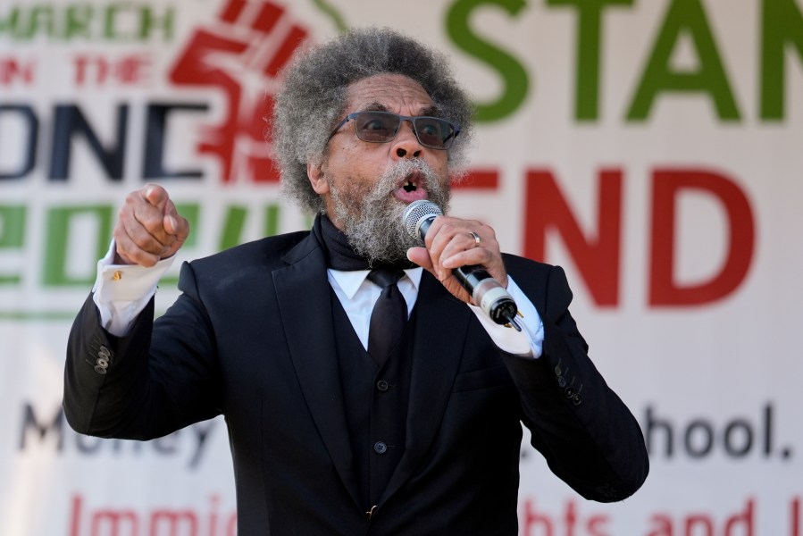 FILE - Progressive activist Cornel West speaks during a demonstration prior to a march to the Democratic National Convention Monday, Aug. 19, 2024, in Chicago. (AP Photo/Alex Brandon, File)