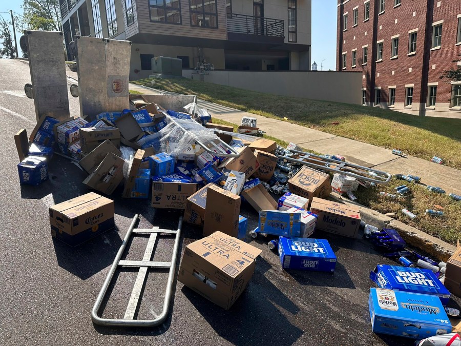 CORRECTS STATE TO MISS. NOT MASS. This image provided by the Oxford Police Department shows a street closed due to an 18 wheeler losing part of its load, Wednesday, Aug. 21, 2024 in Oxford, Miss. (Oxford Police Department via AP)