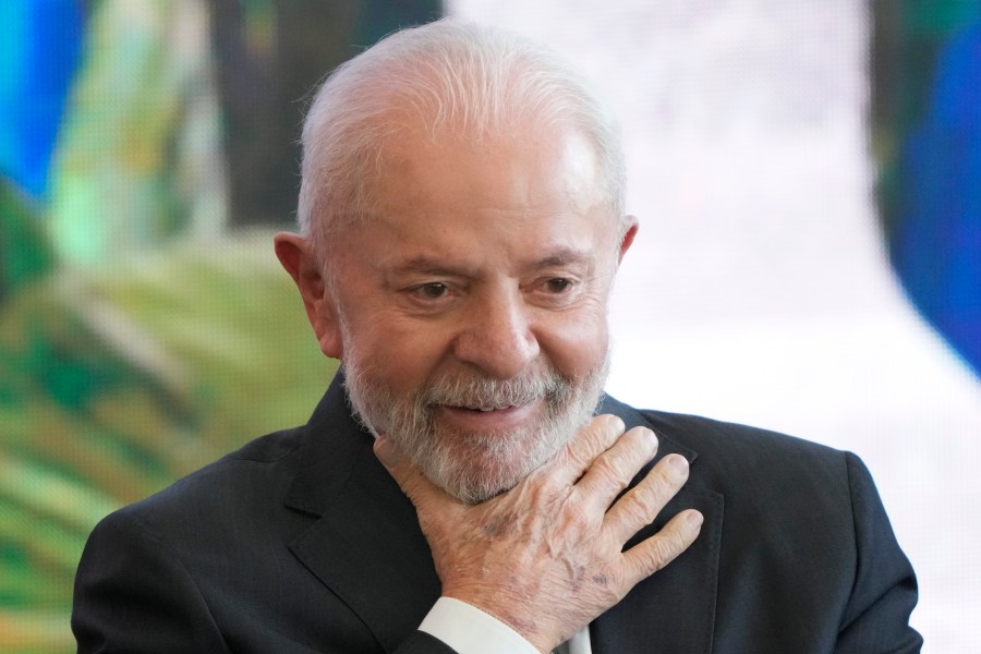 Brazil's President Luiz Inacio Lula da Silva attends the signing of a pact for ecological transformation with the presidents of the Senate, the Chamber of Deputies and the Supreme Court at the Planalto presidential palace in Brasilia, Brazil, Wednesday, Aug. 21, 2024. (AP Photo/Eraldo Peres)