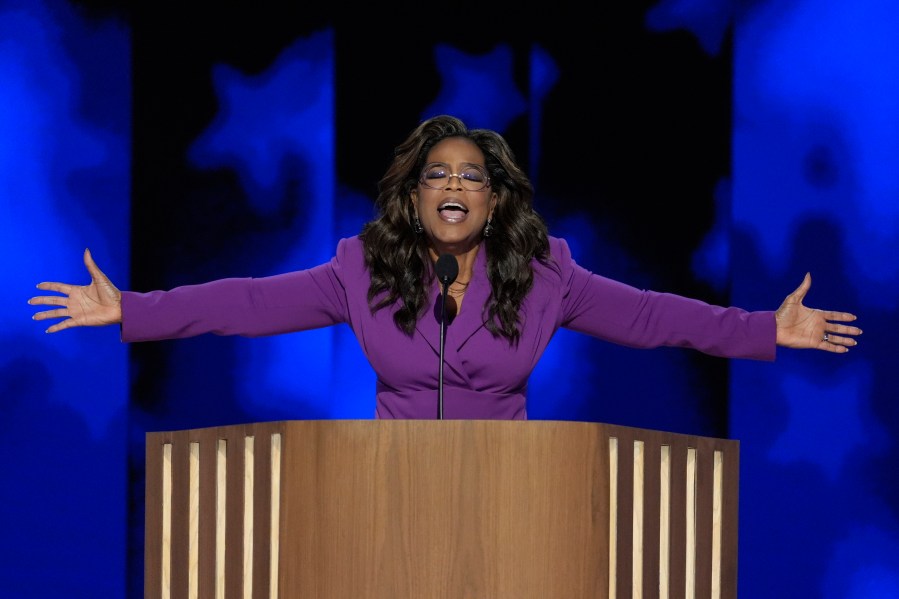 Oprah Winfrey speaks during the Democratic National Convention Wednesday, Aug. 21, 2024, in Chicago. (AP Photo/J. Scott Applewhite)