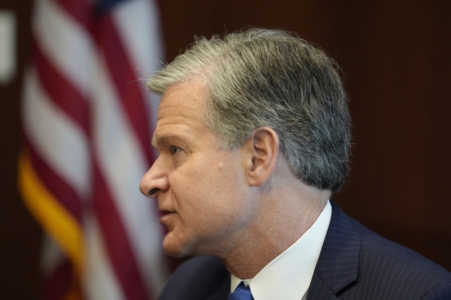 FBI Director Christopher Wray answers questions during an interview, Wednesday, Aug. 21, 2024, in Brooklyn Center, Minn. (AP Photo/Abbie Parr)