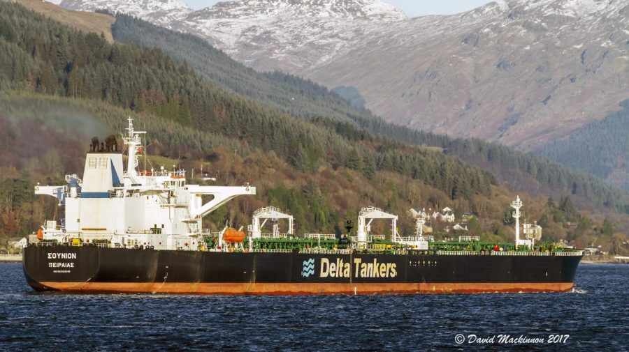 The Greek-flagged oil tanker Sounion is seen heading into the Finnart Ocean Terminal in the United Kingdom on Nov. 29, 2017. The Sounion traveling through the Red Sea came under repeated attack Wednesday, Aug. 21, 2024, leaving the vessel "not under command" and drifting ablaze after an assault suspected to have been carried out by Yemen's Houthi rebels, the British military said. (David Mackinnon via AP)