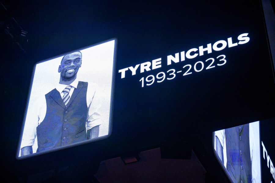 FILE - The screen at the Smoothie King Center in New Orleans honors Tyre Nichols before an NBA basketball game, Jan. 28, 2023. (AP Photo/Matthew Hinton, File)