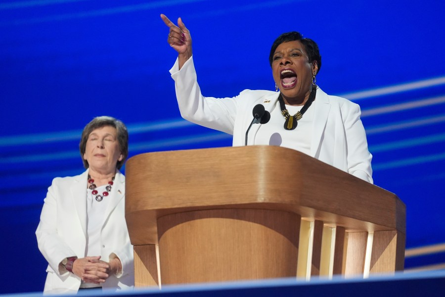 President of the National Education Association Becky Pringle, right, and President of the American Federation of Teachers Randi Weingarten speak during the Democratic National Convention Thursday, Aug. 22, 2024, in Chicago. (AP Photo/Erin Hooley)