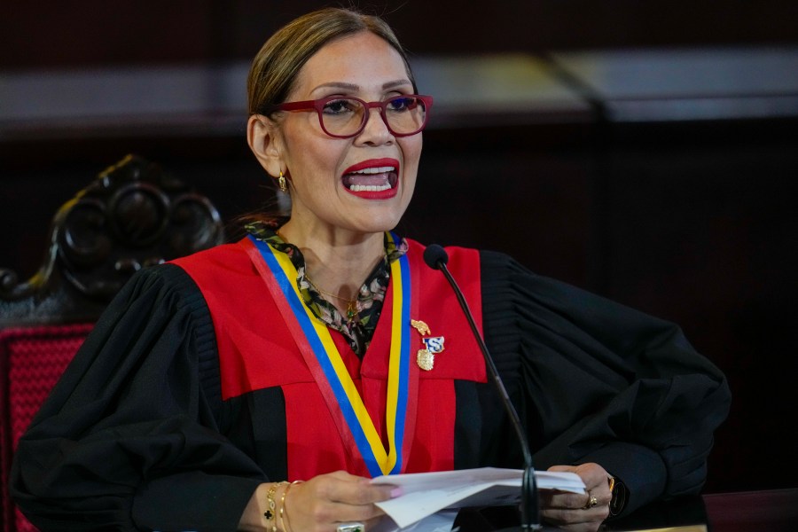 Supreme Court President Caryslia Rodriguez speaks at the Court which is performing an audit of the disputed results of the presidential election in Caracas, Venezuela, Thursday, Aug. 22, 2024. (AP Photo/Ariana Cubillos)