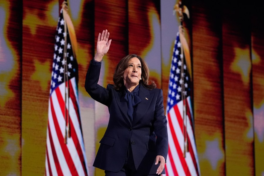 Democratic presidential nominee Vice President Kamala Harris speaks during the Democratic National Convention Thursday, Aug. 22, 2024, in Chicago. (AP Photo/Brynn Anderson)