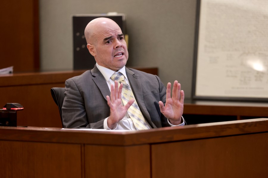 Robert Telles speaks to the jury from the witness stand on the eighth day of his murder trial at the Regional Justice Center in Las Vegas Wednesday, August 21, 2024. Telles, a former Clark County public administrator, is charged in the murder of Las Vegas Review-Journal investigative journalist Jeff German. (K.M. Cannon/Las Vegas Review-Journal via AP)