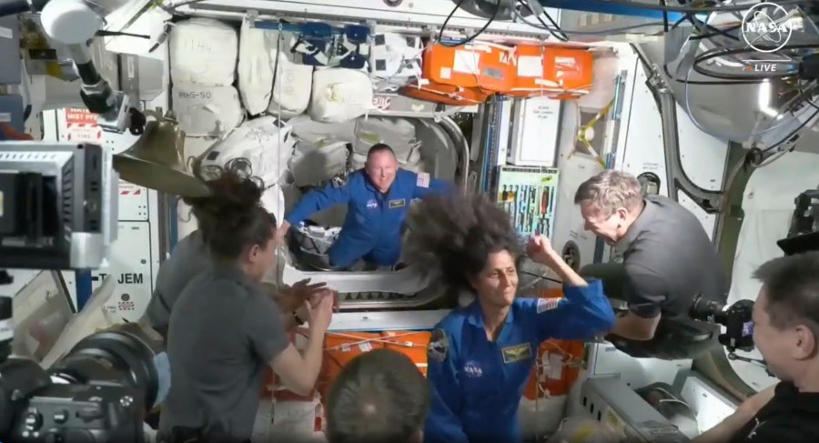 FILE - NASA astronauts Butch Wilmore and Suni Williams are welcomed by the crew of the International Space Station upon their arrival using the Boeing Starliner spacecraft on Thursday, June 6, 2024. (NASA via AP, File)