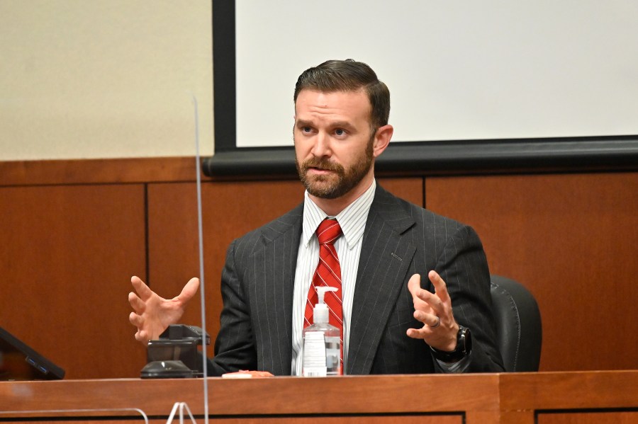 FILE - Sgt. Kyle Meany of the Louisville Metro Police Department testifies, Feb. 23, 2022, in Louisville, Ky. (AP Photo/Timothy D. Easley, Pool)