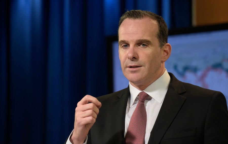 FILE - Brett McGurk, U.S. envoy for the global coalition against IS, speaks during a briefing at the State Department in Washington, Aug. 4, 2017, (AP Photo/Susan Walsh, File)