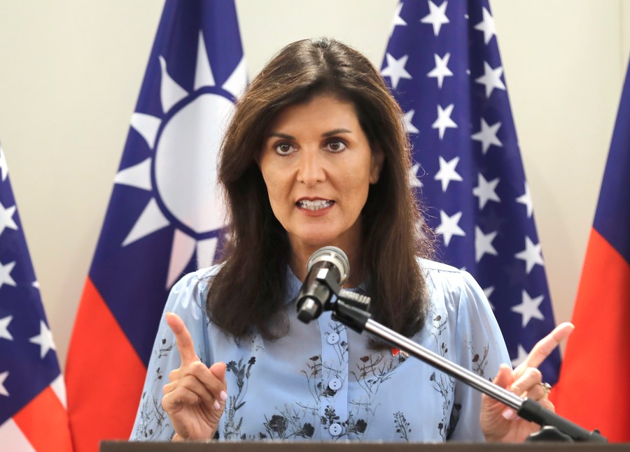 Nikki Haley, former United States Ambassador to the United Nations, speaks to media during her press conference before leaving Taipei, Taiwan, Saturday, Aug. 24, 2024. (AP Photo/Chiang Ying-ying)