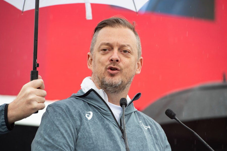 International Paralympic Committee (IPC) President Andrew Parsons delivers a speech during the lighting of the Paralympic Flame in Stoke Mandeville, widely considered the birthplace of the Paralympic Games, England, Saturday, Aug. 24, 2024. (AP Photo/Thomas Krych)