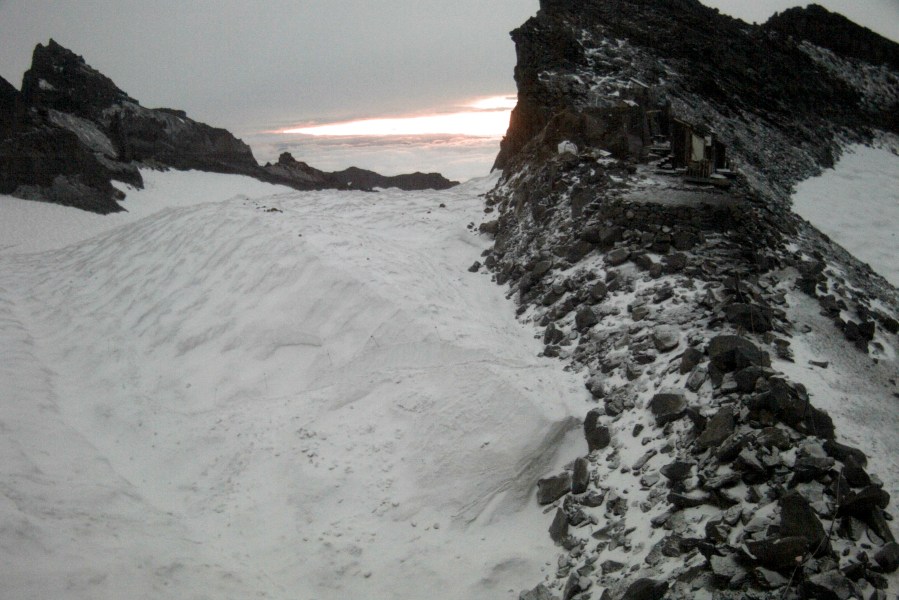 This photo provided by the National Weather Service shows a snow-covered section of Mt. Rainier, Wash., at 10,000 feet on Saturday, August 24, 2024. (National Weather Service via AP)