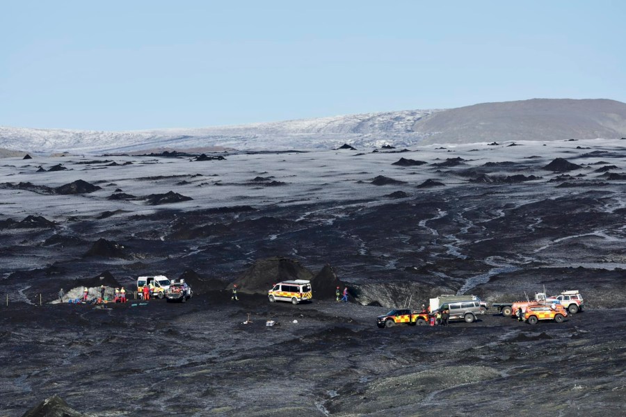 Rescue teams at the scene after an ice cave partially collapsed, at the Breidamerkurjokull glacier, in southeastern Iceland, Monday, Aug, 26, 2024. (STOD2/ Vilhelm Gunnarsson via AP)