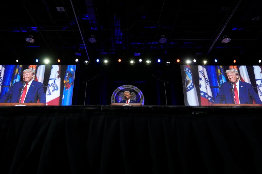 Republican presidential nominee former President Donald Trump speaks at the National Guard Association of the United States' 146th General Conference, Monday, Aug. 26, 2024, in Detroit. (AP Photo/Carolyn Kaster)