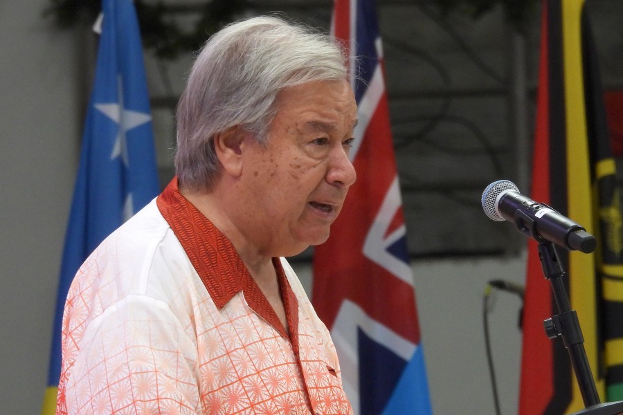 United Nations Secretary-General Antonio Guterres speaks at the opening of the annual Pacific Islands Forum leaders meeting in Nuku'alofa, Tonga, Monday, Aug. 26, 2024. (AP Photo/Charlotte Graham-McLay)