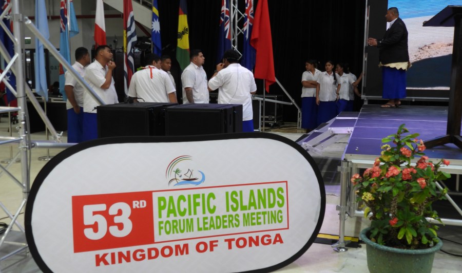 Preparation are made before the start of the annual Pacific Islands Forum leaders meeting in Nuku'alofa, Tonga, Monday, Aug. 26, 2024. (AP Photo/Charlotte Graham-McLay)