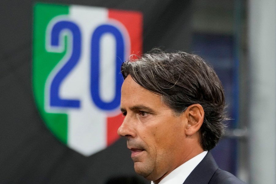 Inter Milan's head coach Simone Inzaghi looks on prior a Serie A soccer match between Inter Milan and Lecce, at the San Siro stadium in Milan, Italy, Saturday, Aug. 24, 2024. (AP Photo/Luca Bruno)