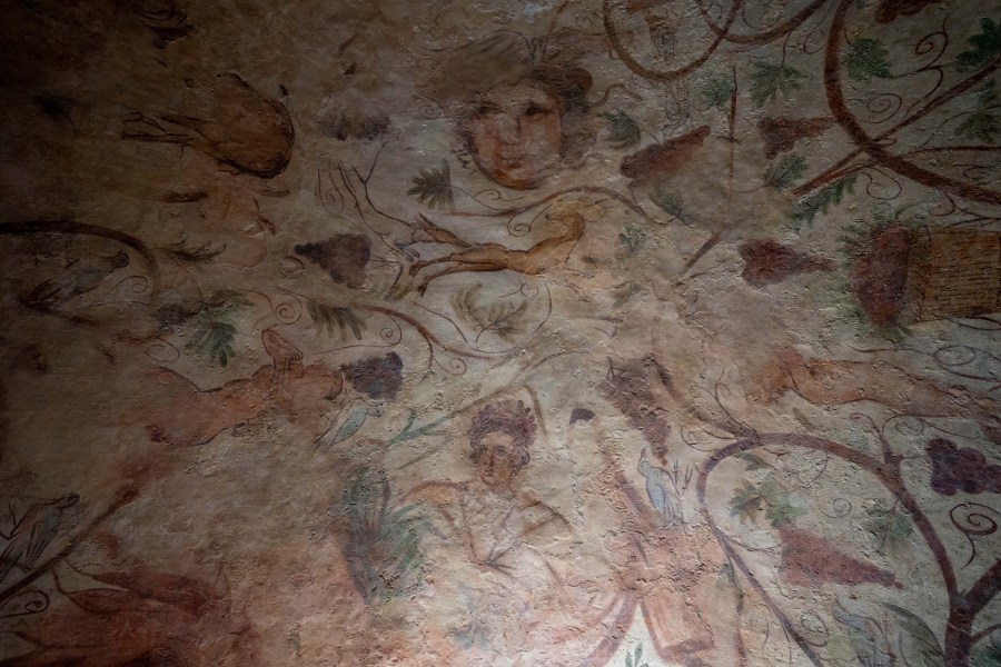 A view of the archeological tomb site in Ashkelon, Israel, Tuesday, Aug. 27, 2024. The tomb with wall paintings depicting Greek mythological figures is at least 1,700 years old said the Israeli Antiquities Authority, whose workers are restoring the site. (AP Photo/Ohad Zwigenberg)